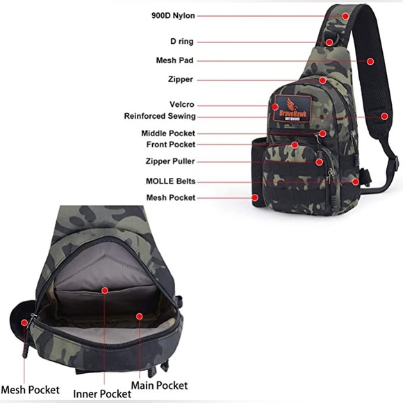 BraveHawk OUTDOORS Sling Chest Bag, 900D Nylon Oxford Portable Tactical - Picture 4 of 7